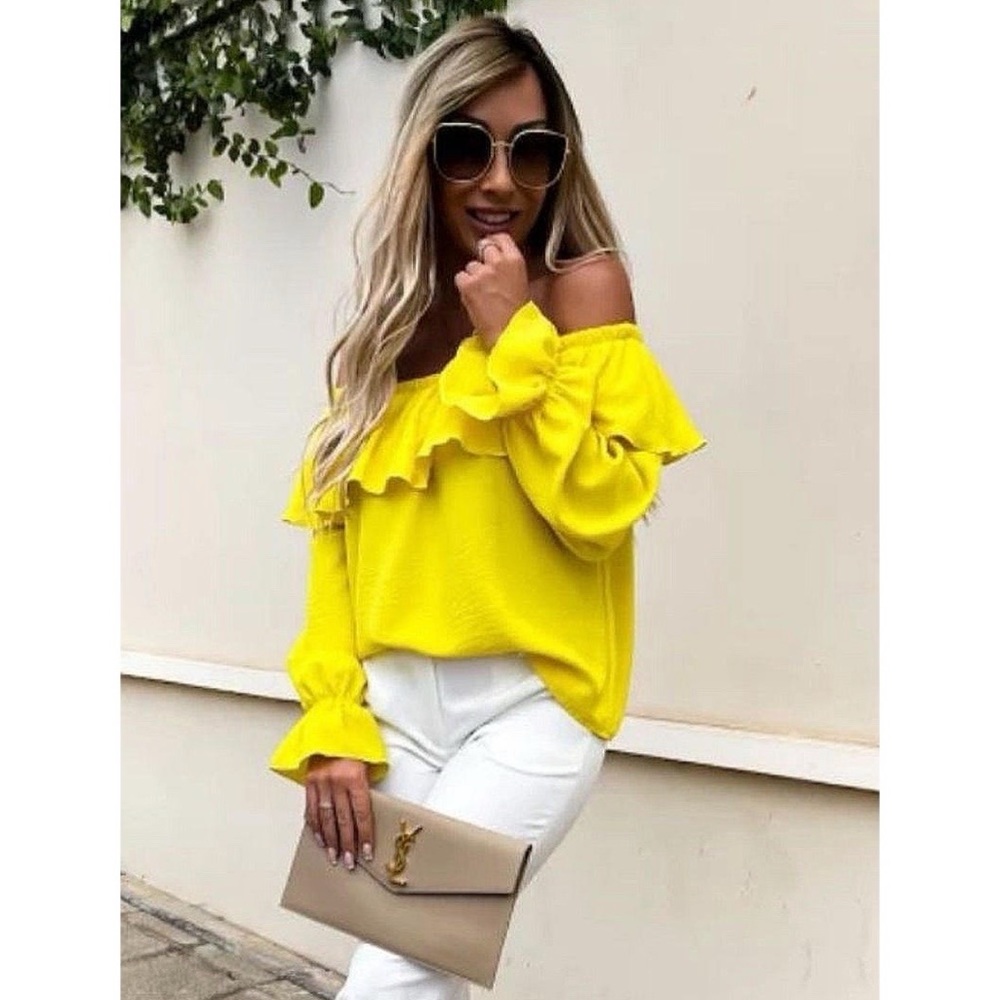 Yellow Long Sleeve Off Shoulder Ruffle Top Blouse - Picture 3 of 10